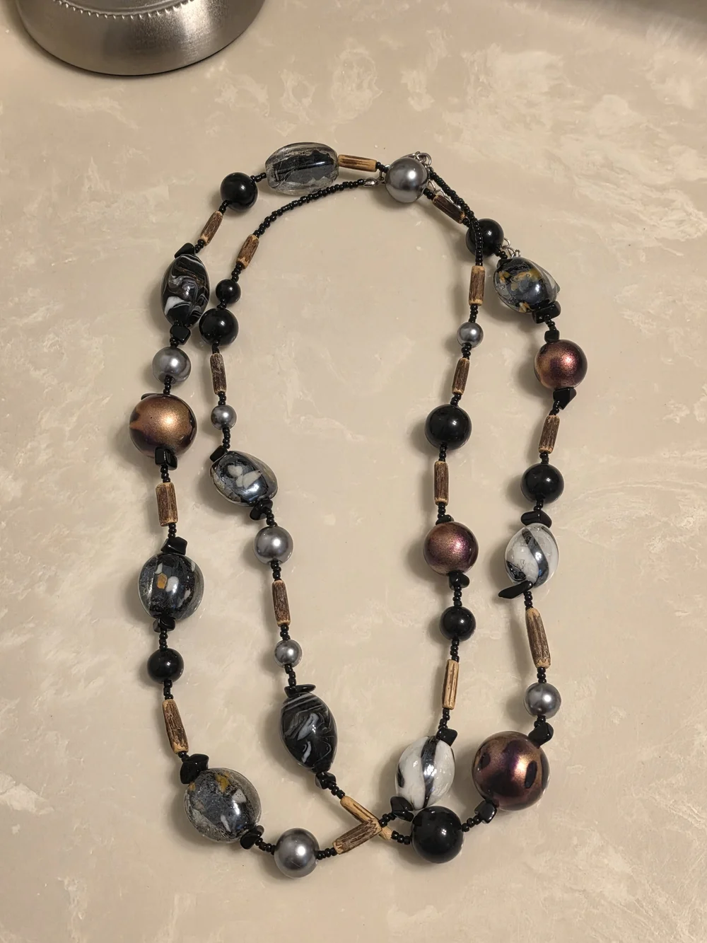 Elegant Multi-Strand Beaded Necklace in Black, Gray, Brown and Gold Tones